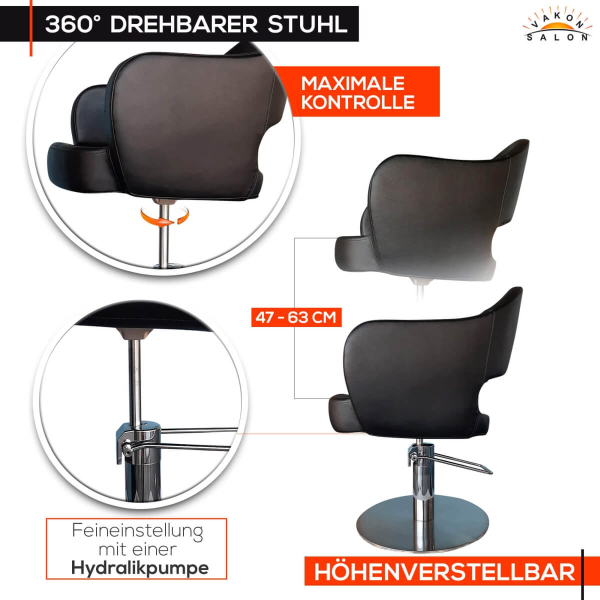 Friseurstuhl höhenverstellbar - Hydraulik und runde Bodenplatte aus Edelstahl, Friseursessel Design 7