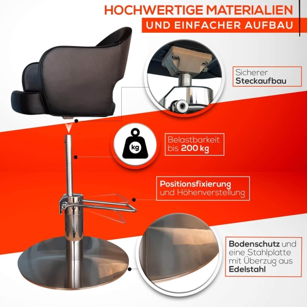 Friseurstuhl höhenverstellbar - Hydraulik und runde Bodenplatte aus Edelstahl, Friseursessel Design 7