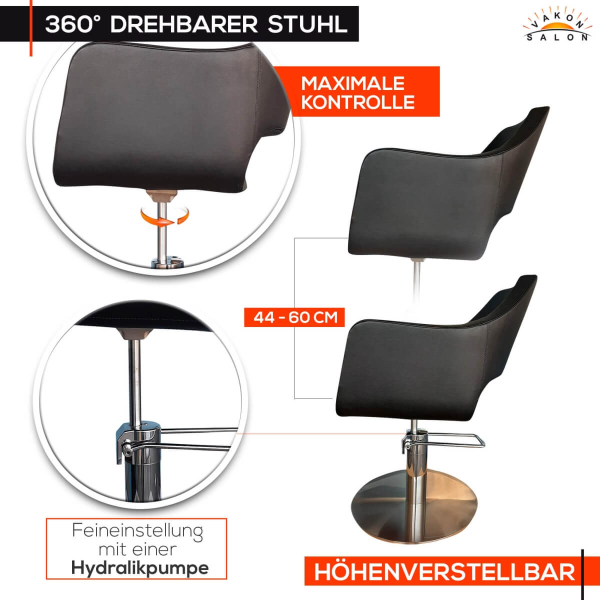 Friseurstuhl höhenverstellbar - Hydraulik und runde Bodenplatte aus Edelstahl, Friseursessel Design 8