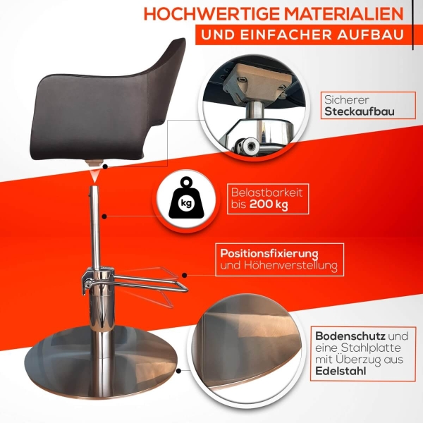 Friseurstuhl höhenverstellbar - Hydraulik und runde Bodenplatte aus Edelstahl, Friseursessel Design 8