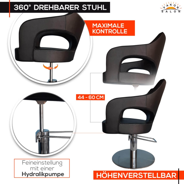 Friseurstuhl höhenverstellbar - Hydraulik und runde Bodenplatte aus Edelstahl, Friseursessel Design 12