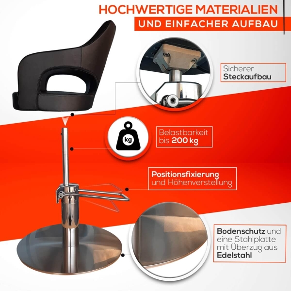 Friseurstuhl höhenverstellbar - Hydraulik und runde Bodenplatte aus Edelstahl, Friseursessel Design 12