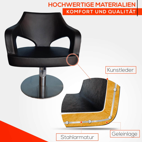 Friseurstuhl höhenverstellbar - Hydraulik und runde Bodenplatte aus Edelstahl, Friseursessel Design 12