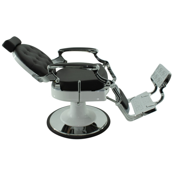 Moderner Herrenstuhl mit weißem Rahmen, schwarzer Sitzpolsterung & metallischen Akzenten.