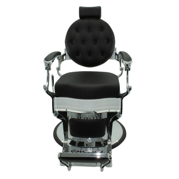 Moderner Herrenstuhl mit weißem Rahmen, schwarzer Sitzpolsterung & metallischen Akzenten.