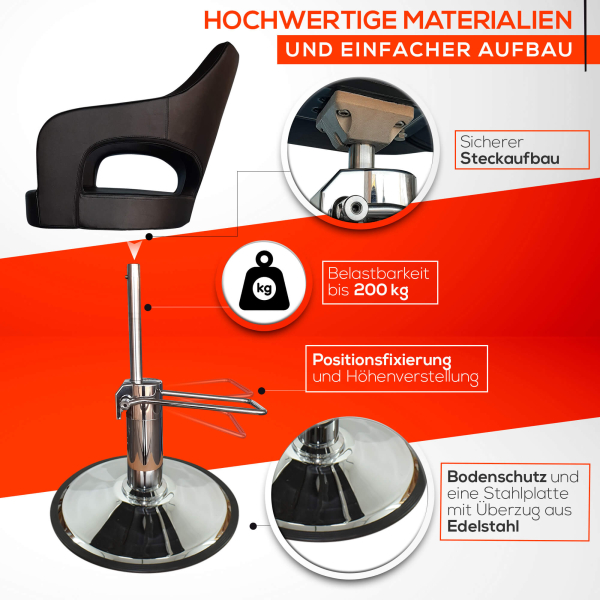 Friseurstuhl höhenverstellbar - Hydraulik und runde Bodenplatte ⌀ 60cm, Friseursessel Design 12K