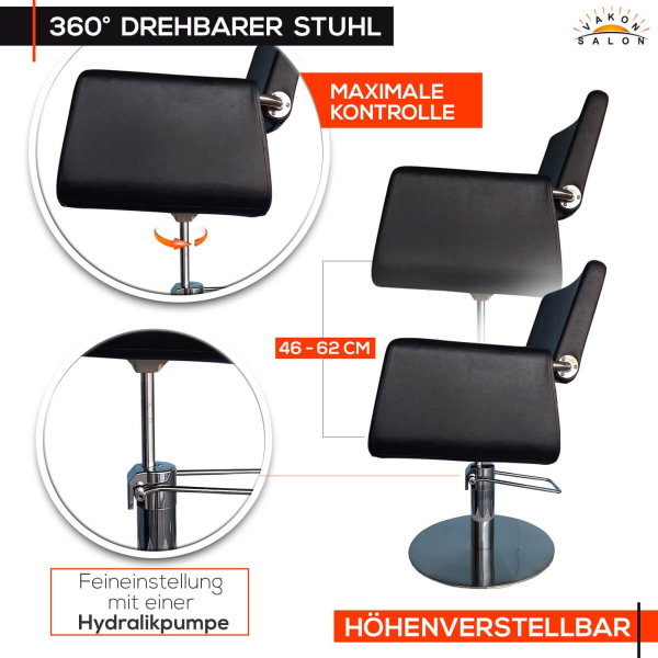 Friseurstuhl höhenverstellbar - Hydraulik und runde Bodenplatte aus Edelstahl, Friseursessel Design 1