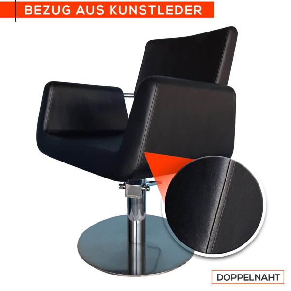 Friseurstuhl höhenverstellbar - Hydraulik und runde Bodenplatte aus Edelstahl, Friseursessel Design 1