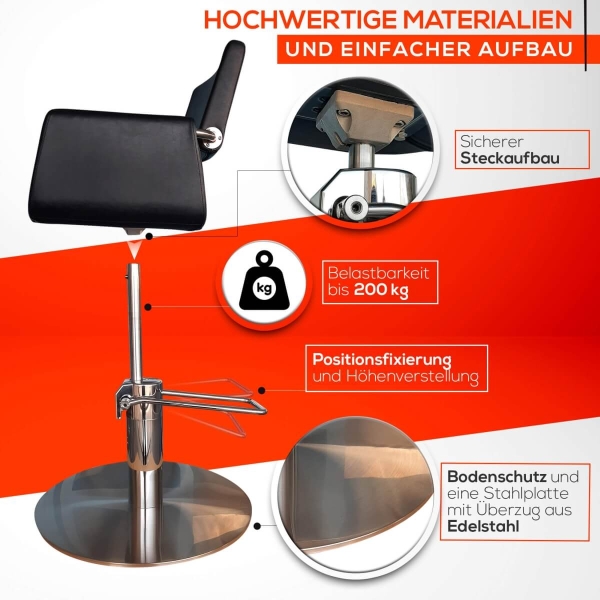 Friseurstuhl höhenverstellbar - Hydraulik und runde Bodenplatte aus Edelstahl, Friseursessel Design 1