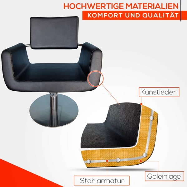 Friseurstuhl höhenverstellbar - Hydraulik und runde Bodenplatte aus Edelstahl, Friseursessel Design 1