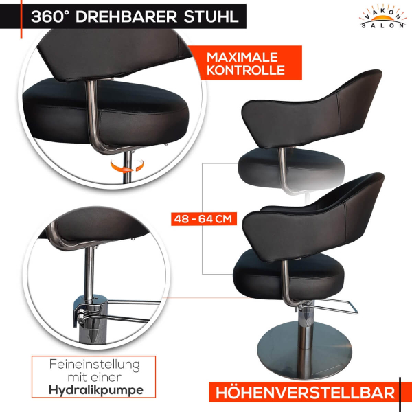 Friseurstuhl höhenverstellbar - Hydraulik und runde Bodenplatte aus Edelstahl, Friseursessel Design 3
