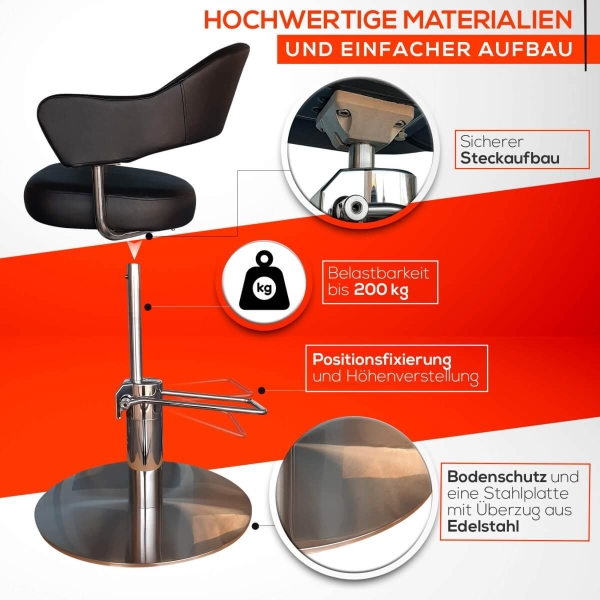 Friseurstuhl höhenverstellbar - Hydraulik und runde Bodenplatte aus Edelstahl, Friseursessel Design 3