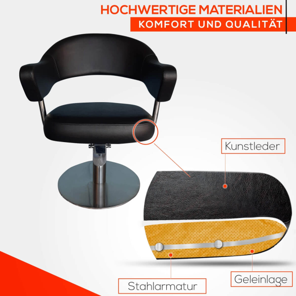 Friseurstuhl höhenverstellbar - Hydraulik und runde Bodenplatte aus Edelstahl, Friseursessel Design 3