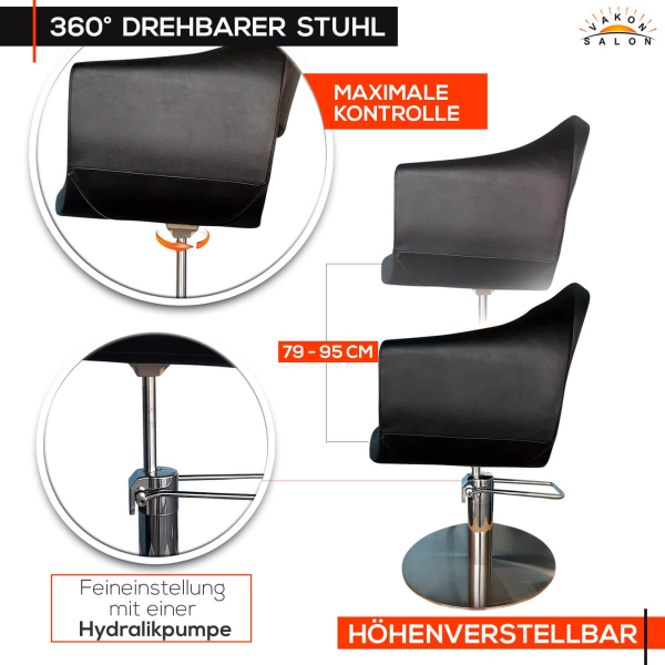 Friseurstuhl höhenverstellbar - Hydraulik und runde Bodenplatte aus Edelstahl, Friseursessel Design 4